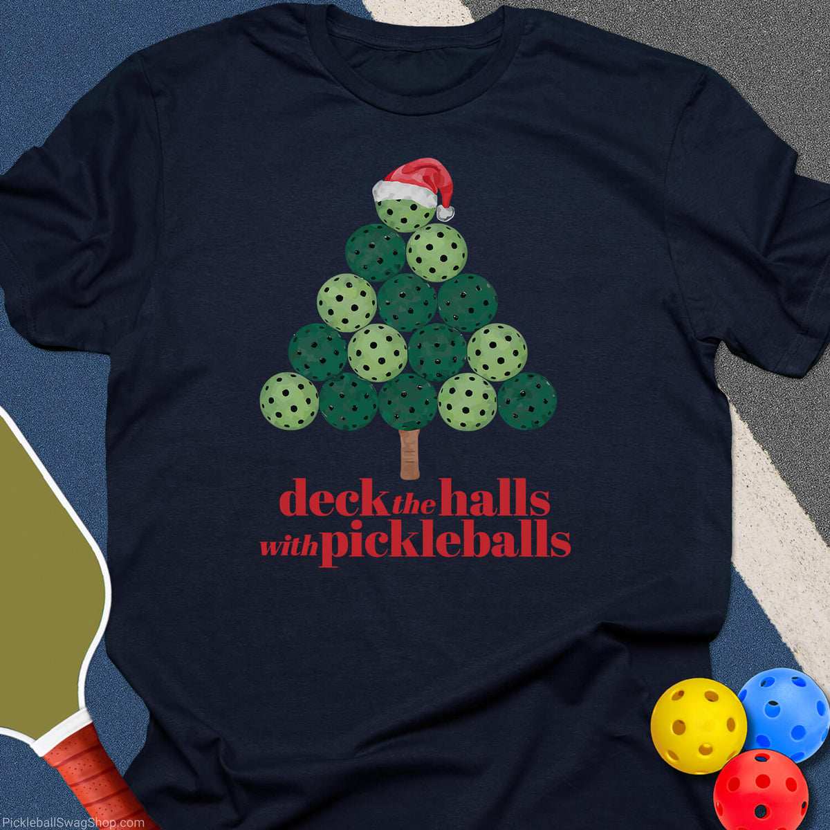 Deck the Halls With Pickleballs T-Shirt - Navy