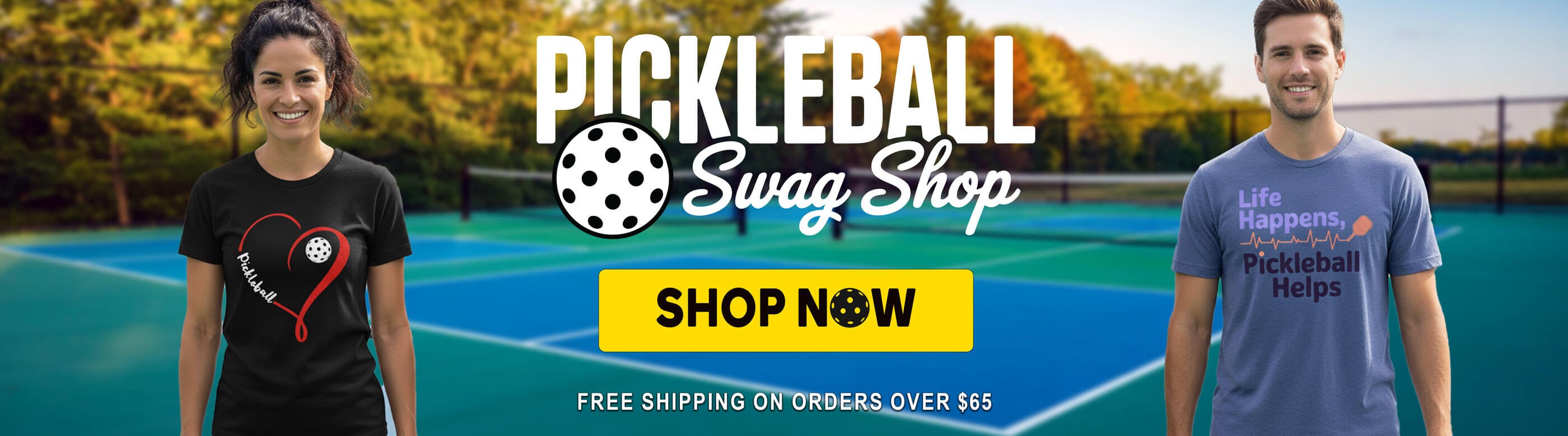 Two people on a pickleball court  banner