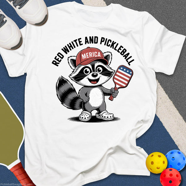Red, White and Racoon T-Shirt - PickleballSwagShop